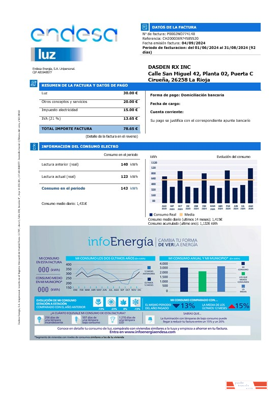 Spain Endesa luz business utility bill template in Word and PDF formats